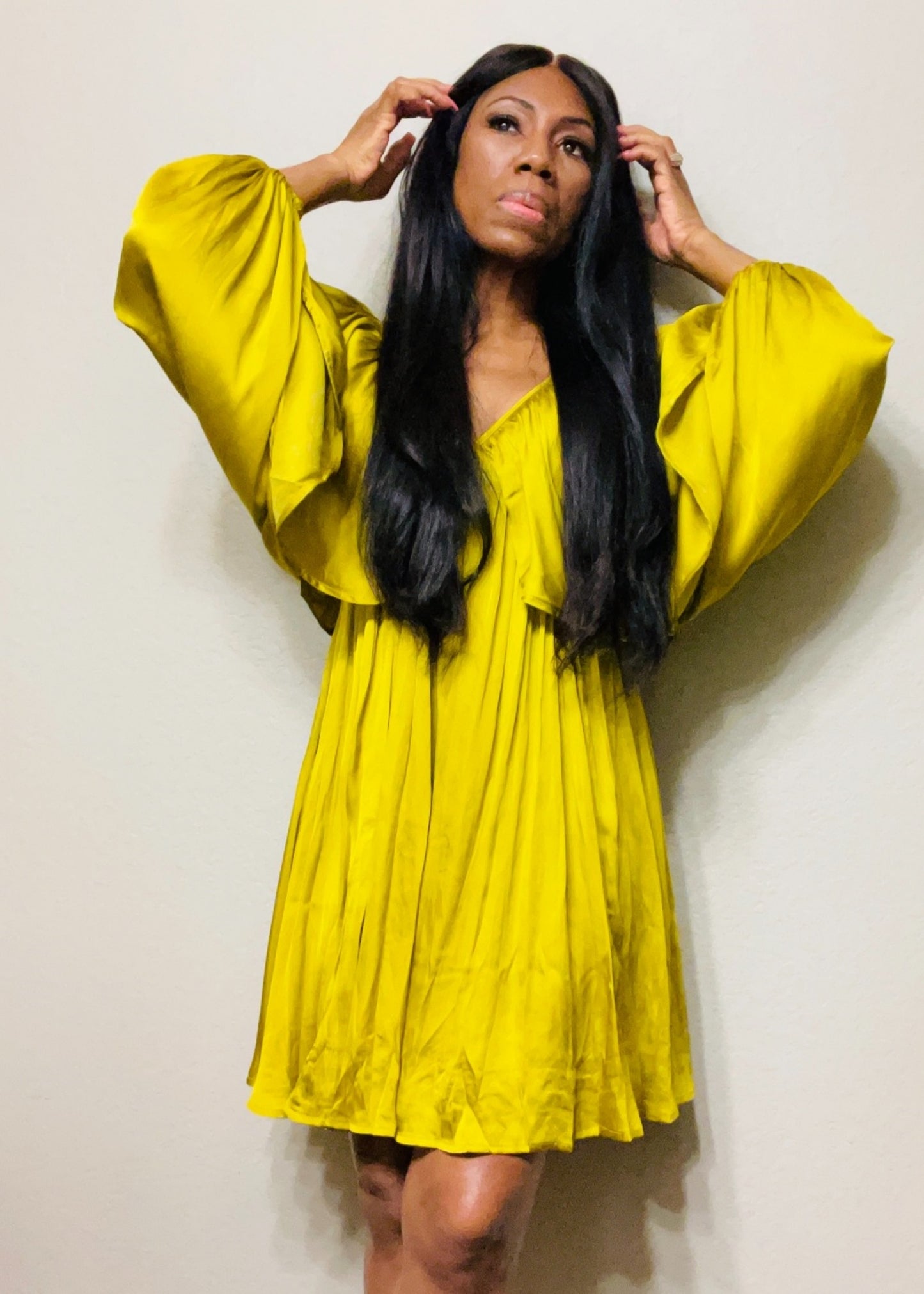 Shirred Mini Dress …. Model Wearing Size Small